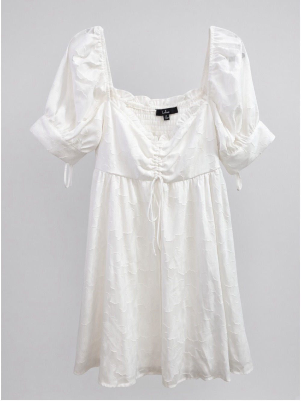Lulus White Jacquard Puff Sleeve Ruched Babydoll Mini Dress Square Neck M - Picture 3 of 16